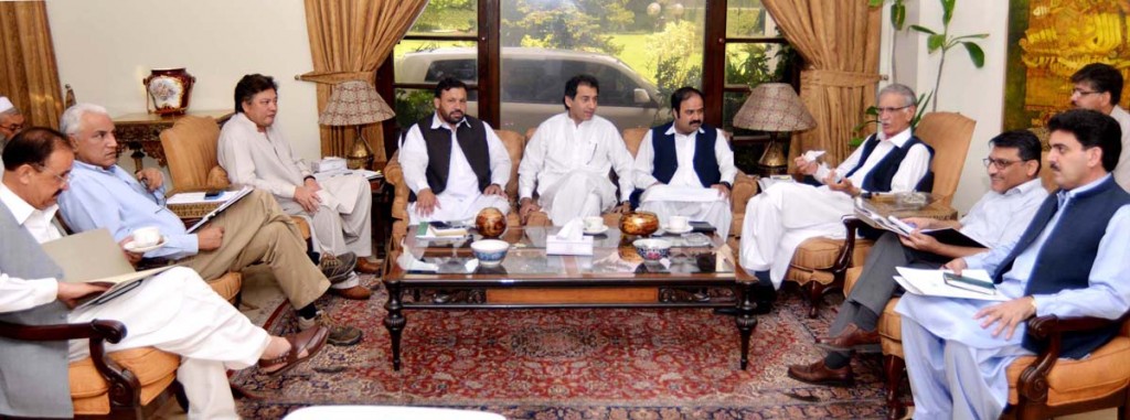 CM KP Pervez Khattak presiding over a meeting regarding raising of provincial receipts at CM House in Peshawra on Sunday.