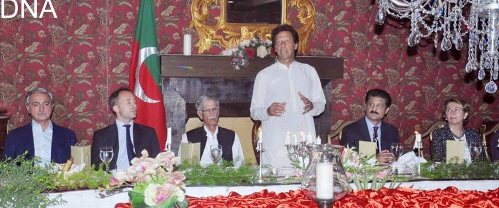 Chairman PTI Imran Khan speaking European Ambassadors at a dinner hosted by his adviser Dr. Shahzad Waseem  at his residence in Islamabad on Thursday. - DNA