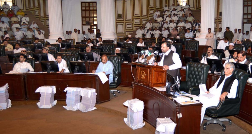 CM KPK Pervez Khattak listening to the budget speech of Provincial Minister for Finance Muzaffar Said Advocate  in the KPK Assembly in Peshawar on Tuesday.