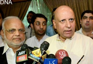PTI leader Chaudhry Muhammad Sarwar talking to media on Thursday in Lahore.