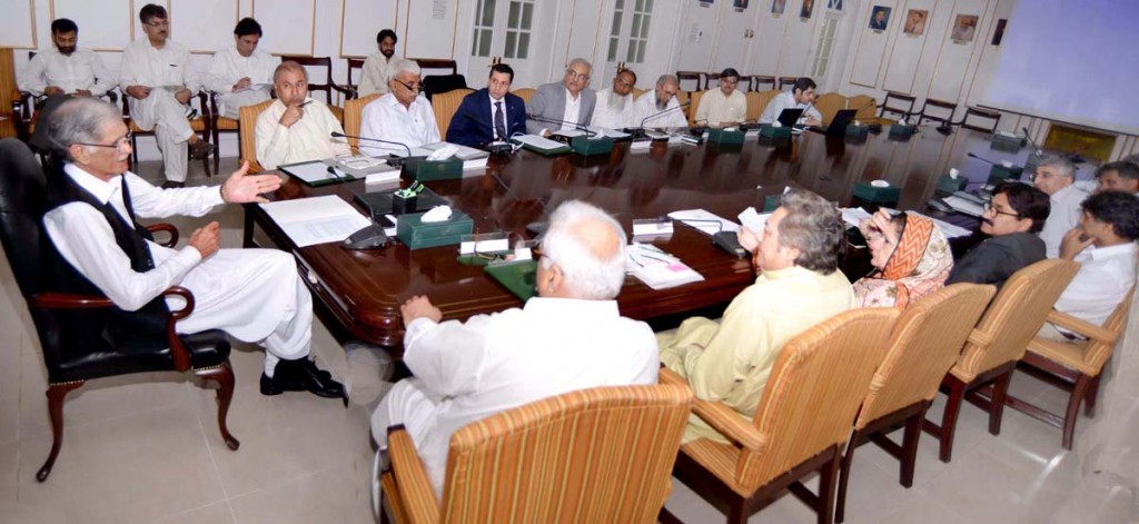 CM KPK Pervez Khattak presiding over a meeting regarding Economic Zone Development at CM House in Peshawar on Monday.