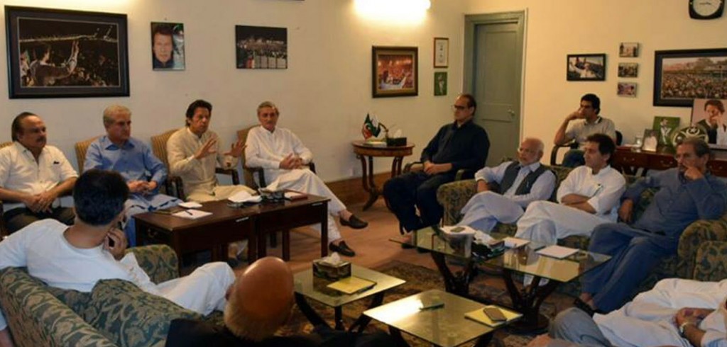 Chairman PTI Imran Khan meeting senior members of PTI to review party decisions  in Islamabad on Wednesday. - DNA