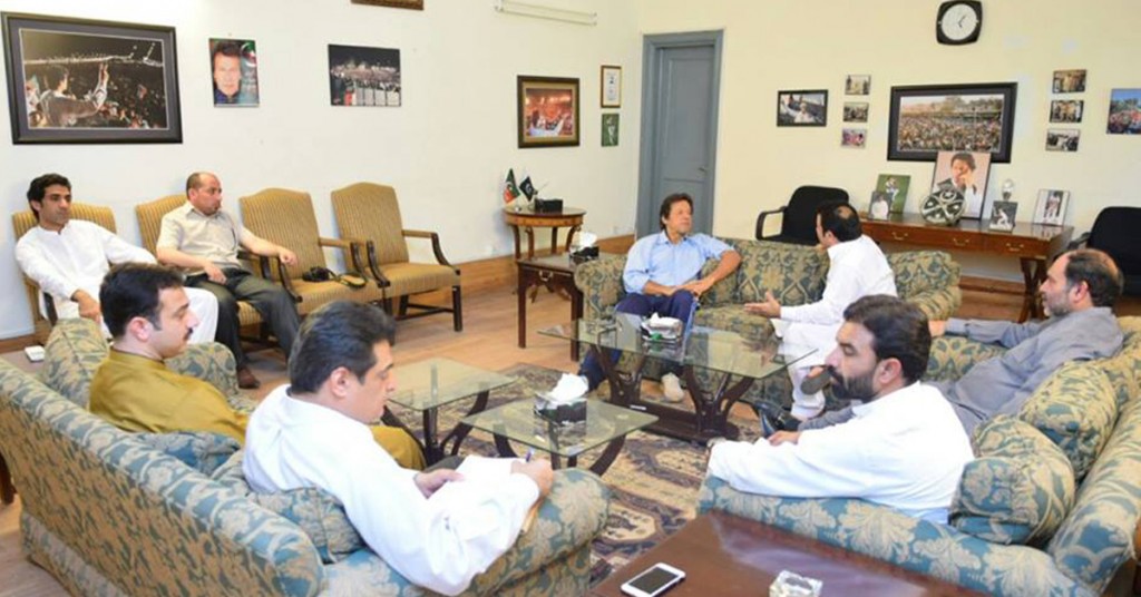 Chairman PTI Imran Khan in a meeting with lawmakers from KPK in Islamabad on Thursday. - DNA