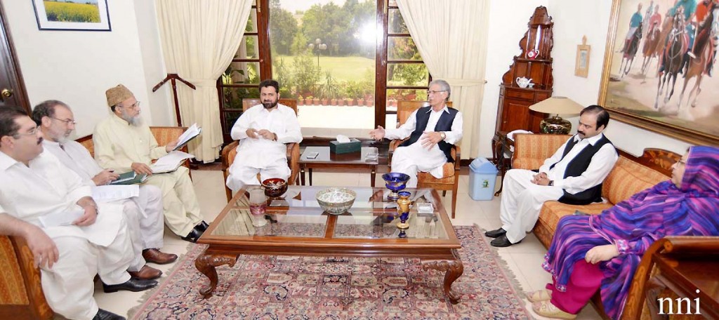 Peshawar, June 28 : CM KP Pervez Khattak presiding over a meeting to discuss amendment in local government act at CM House. NNI Photo