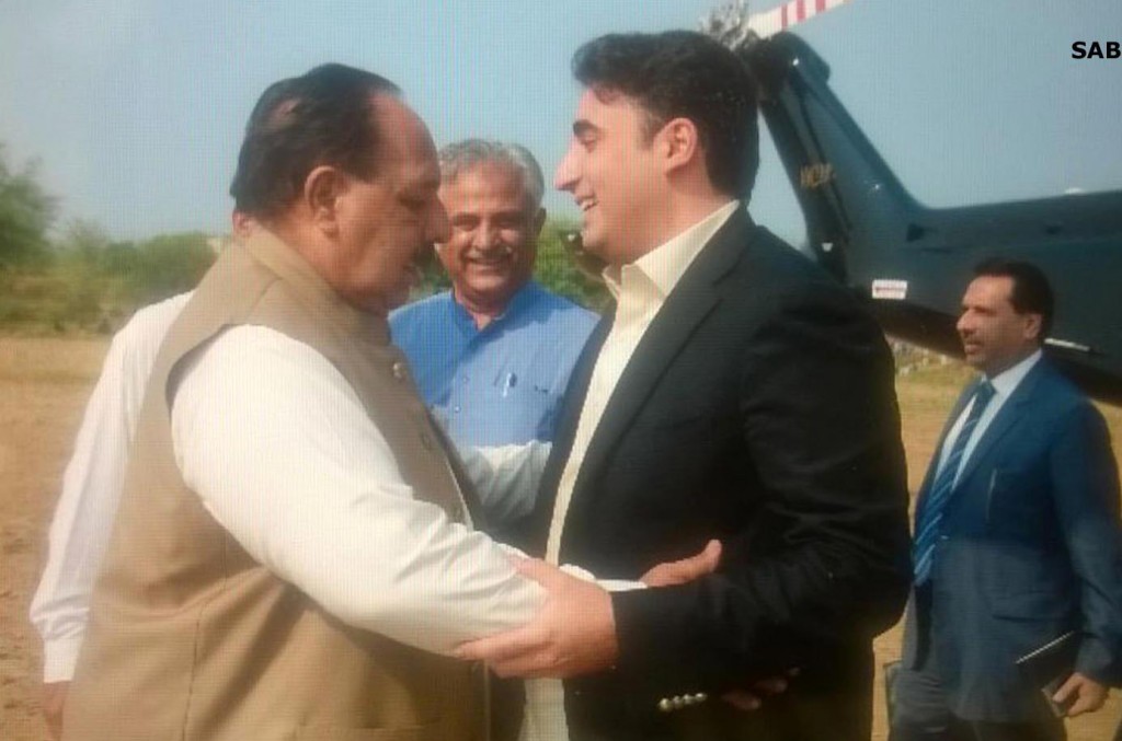 Prime Minister AJK Ch Abdul Majid receiving Chairman PPP Bilawal Bhutto Zardari in Barnala.