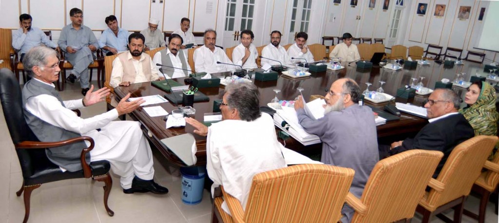 CM KPK Pervez Khattak presiding over a meeting for finalising reforms in Police to be tabled in the Provincial Assembly for incorporation into the Police Act in Peshawar at CM Secretariat on Wednesday.