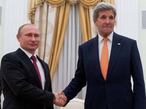 Moscow : Secretary of State John Kerry shakes hands with Russian President Vladimir Putin as they meet at the Kremlin in Moscow, Russia, Thursday, March 24, 2016. Kerry is in Russia for talks on Ukraine and Syria as the terrorist attacks in Brussels underscored the urgency of fighting the Islamic State group.AP/PTI(AP3_24_2016_000121B)