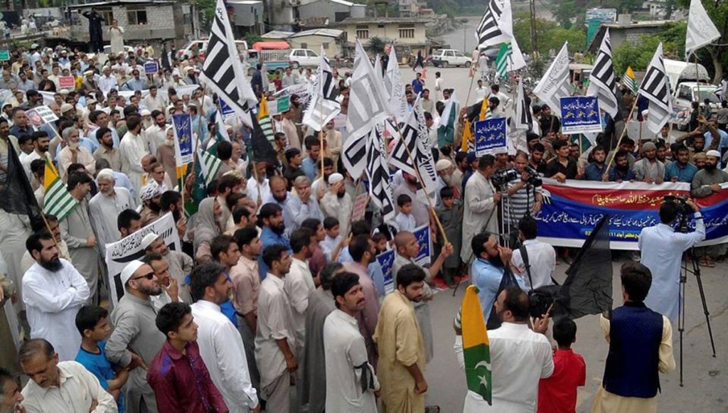 Jamatud Dawa activists holding a demonstration in Muzaffarabad on Friday to express solidarity with the people of Indian Held Kashmir. - DNA
