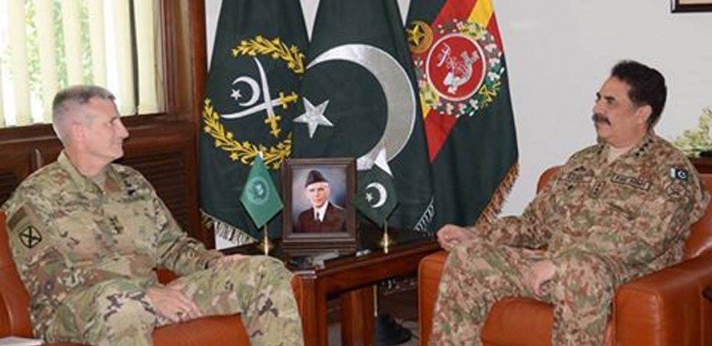Gen John Nicholson, Commander Resolute Support Mission in Afghanistan called on COAS Gen Raheel Sharif at GHQ in Rawalpindi on Wednesday.