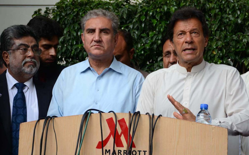Chairman PTI Imran Khan talking to media after PTI National Workers’ Convention in Islamabad.