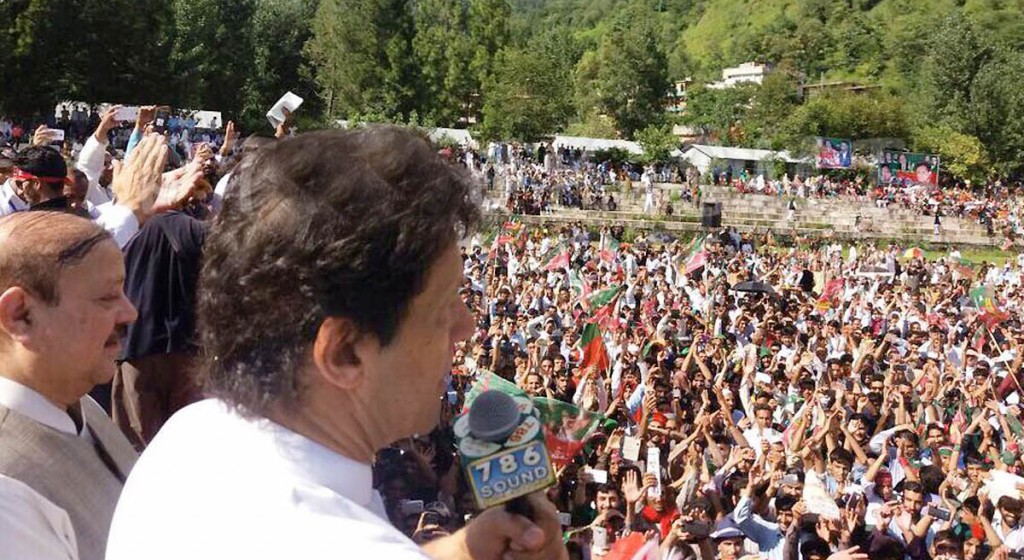 PTI Chief Imran Khan addressing an election rally in Bagh on Monday. - NNI