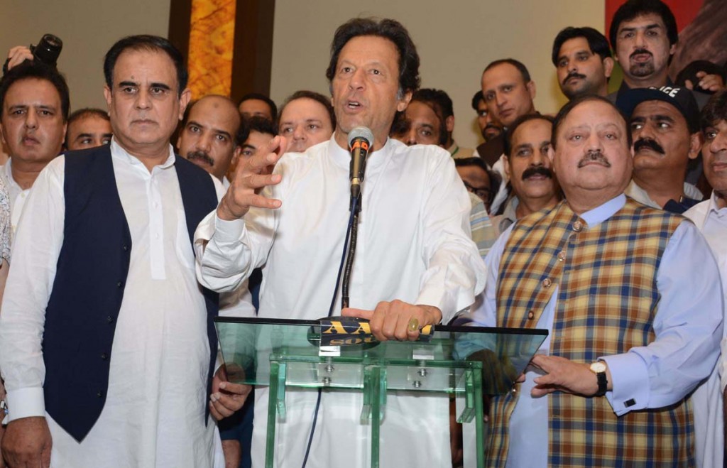 Chairman PTI Imran Khan addressing an Iftar party hosted by nominated candidate for LA-35 Jammu-6, Ch Hameed Pothi in Islamabad on Sunday.