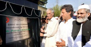 PTI Chairman Imran Khan, KPK Chief Minister Pervez Khattakl and Ameer Jamaat-e-Islami Sirajul Haq during ground breaking ceremony of Swat Motorway at Chakdarra on Thursday. 
