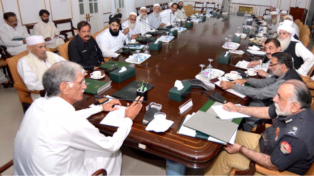 CM KPK Pervez Khattak chairing a meeting with 15 member delegation led by Rustam Shah Mohammand at CM Secretariat in Peshawar on Wednesday.