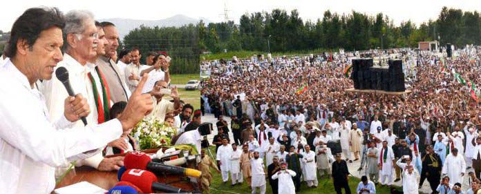 Chairman PTI Imran Khan addressing a huge public gathering in Chak Darra, Swat. CM KPK Pervez Khattak is also present.