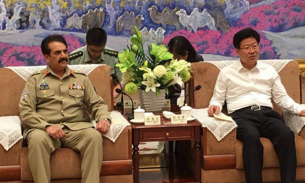 COAS Gen Raheel Sharif meetign with Party Secretary Xinkiang province, Zhang Chun Xian  in Urumqi on Wednesday. - DNA