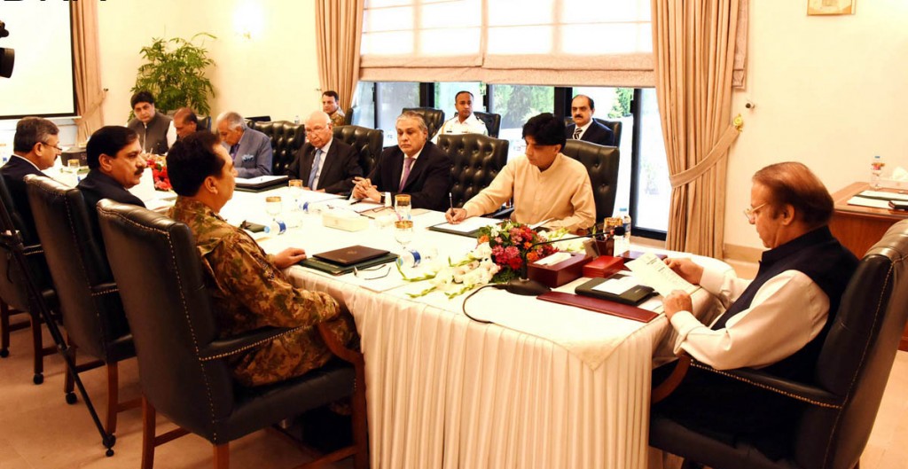 Prime Minister Nawaz Sharif chairs a meeting on security at PM House in Islamabad on Wednesday. -DNA