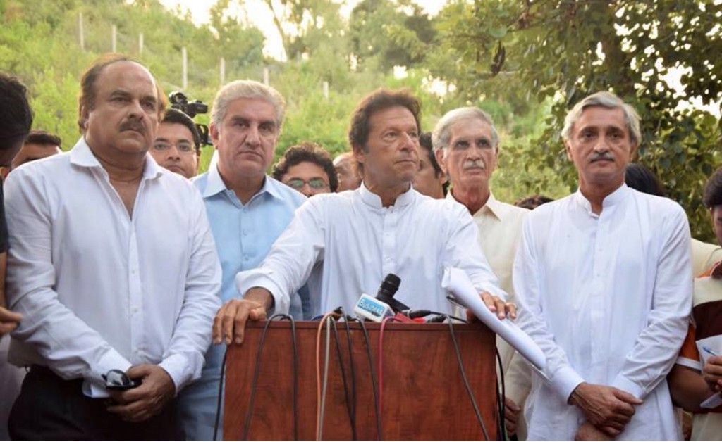 Islamabad: 16th August - Chairman PTI Imran Khan talking to media in Islamabad. - DNA Photo