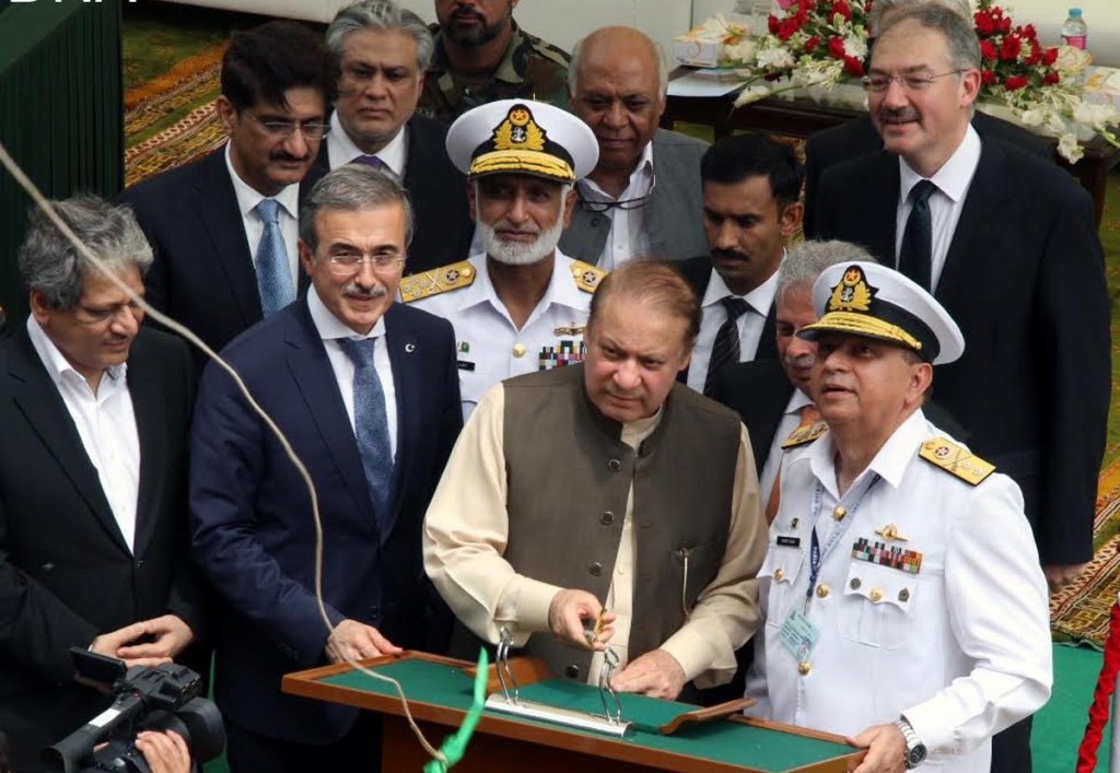 Prime Minister Muhammad Nawaz sharif inaugurating the launch of Pakistan Navy Fleet Tanker  in Karachi on Friday. - DNA
