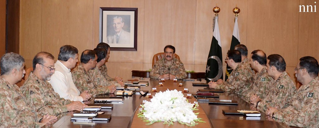 Rawalpindi August 12:  Chief of Army Staff Gen Raheel Sharif presiding  high level security meeting to review the progress of operation Zarb-e-Azb and National Action Plan. NNI Photo