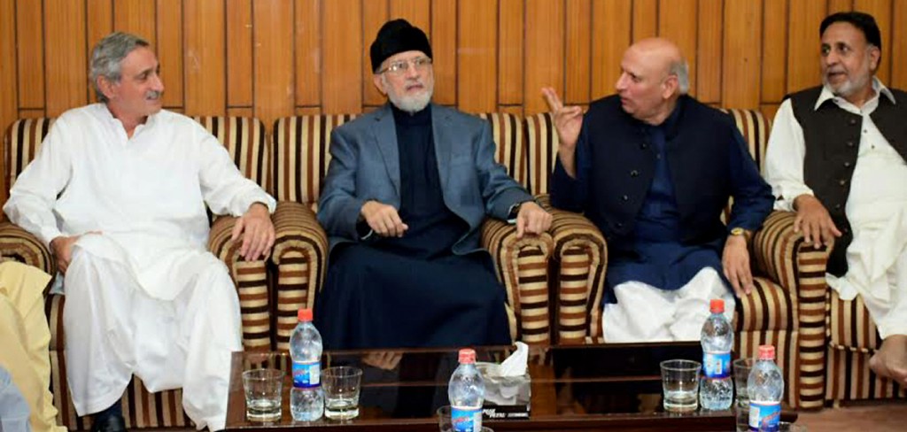 PTI leaders Jahangir Tarin, Ch Muhammad Sarwar and Mian Mehmoodur Rashid are meeting with PAT Chief Dr Tahirul Qadri in Lahore on Wednesday. - NNI