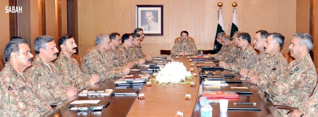 COAS Gen Raheel Sharif presiding over Corps Commanders meeting in GHQ, Rawalpindi on Tuesday. - SABAH