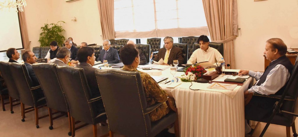 Prime Minister Muhammad Nawaz Sharif chairing a meeting to review implementation on National Action Plan at PM House in Islamabad on Monday. - DNA