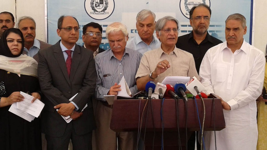 Opposition leader Ch Aitzaz Ahsan addressing press conference after tabling ‘Panama Papers Inquiry Bill’ in the Senate on Wednesday. - SABAH