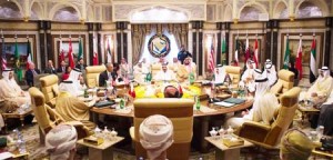 A picture taken on April 21, 2016 shows US President Barack Obama (C-L) attending a meeting with Saudi King Salman (C) and Saudi Defence Minister and Deputy Crown Prince Mohammed bin Salman (C-R) during the US-Gulf Cooperation Council Summit in Riyadh, on April 21, 2016. During a meeting with Gulf leaders in Saudi Arabia Obama said that "No country has an interest in 'conflict' with Iran".  / AFP / Jim Watson        (Photo credit should read JIM WATSON/AFP/Getty Images)