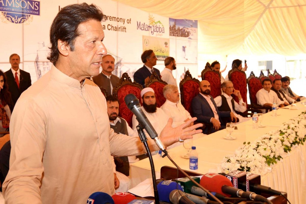 Chairman PTI Imran Khan addressing an inaugural ceremony of Malam Jabba Chairlift on Thursday.