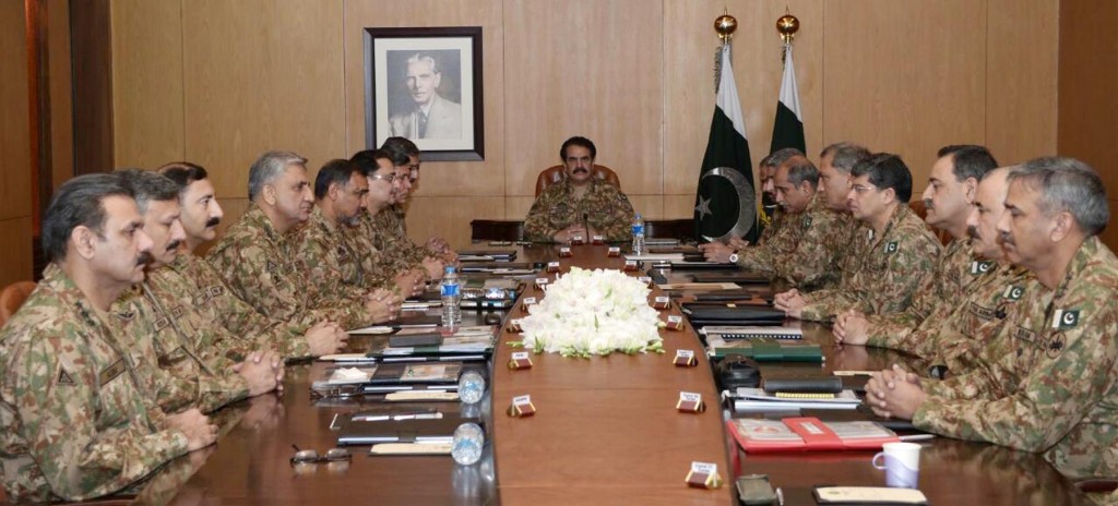 COAS Gen Raheel Sharif presiding over Corps Commanders’ meeting at GHQ in Rawalpindi on Monday. - DNA