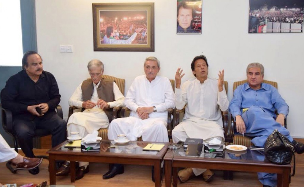 Chairman PTI Imran Khan addressing Core Committee meeting in Bani Gala, Islamabad on Sunday. - NNI