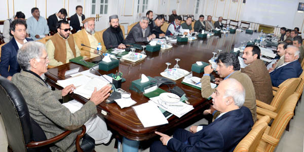 CM KPK Pervez Khattak presiding over a meeting on bus rapid tranist scheme Peshawar at CM Secretariat on Monday.