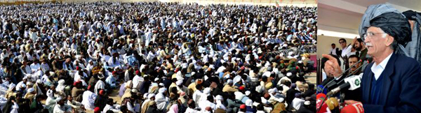 CM KPK Pervez Khattak addressing a big public gathering at Kulachi District DI Khan after inaugurating the water channel of the command arreas of Gomal Zam Dam on Saturday.