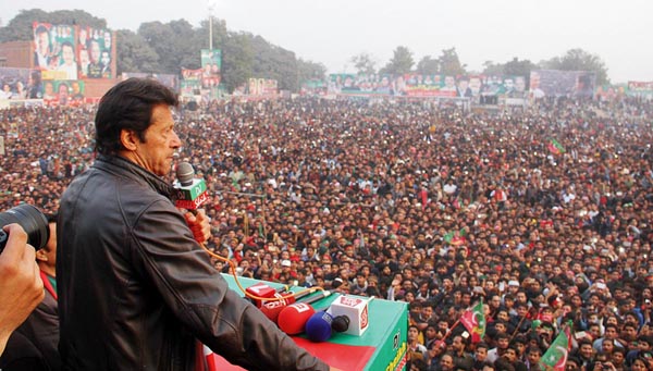 Chairman PTI, Imran Khan addressing a big public gathering in Bahawalpur on Sunday.--Online