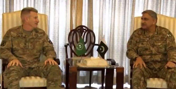 General John W. Nicholson, Commander Resolute Support, in a meeting with COAS Gen Qamar Javed Bajwa in Rawalpindi on Monday.-DNA