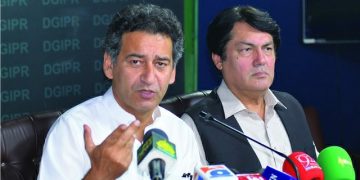 Atif Khan, Barrister Muhammad Ali Saif are talking  to media