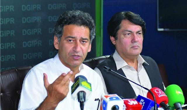 Atif Khan, Barrister Muhammad Ali Saif are talking  to media