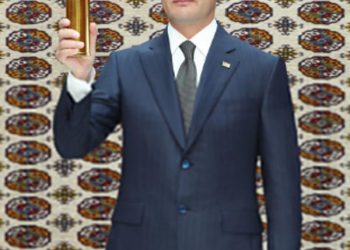 Sardar Berdimuhamedov  attends automobile bridge  foundation laying ceremony